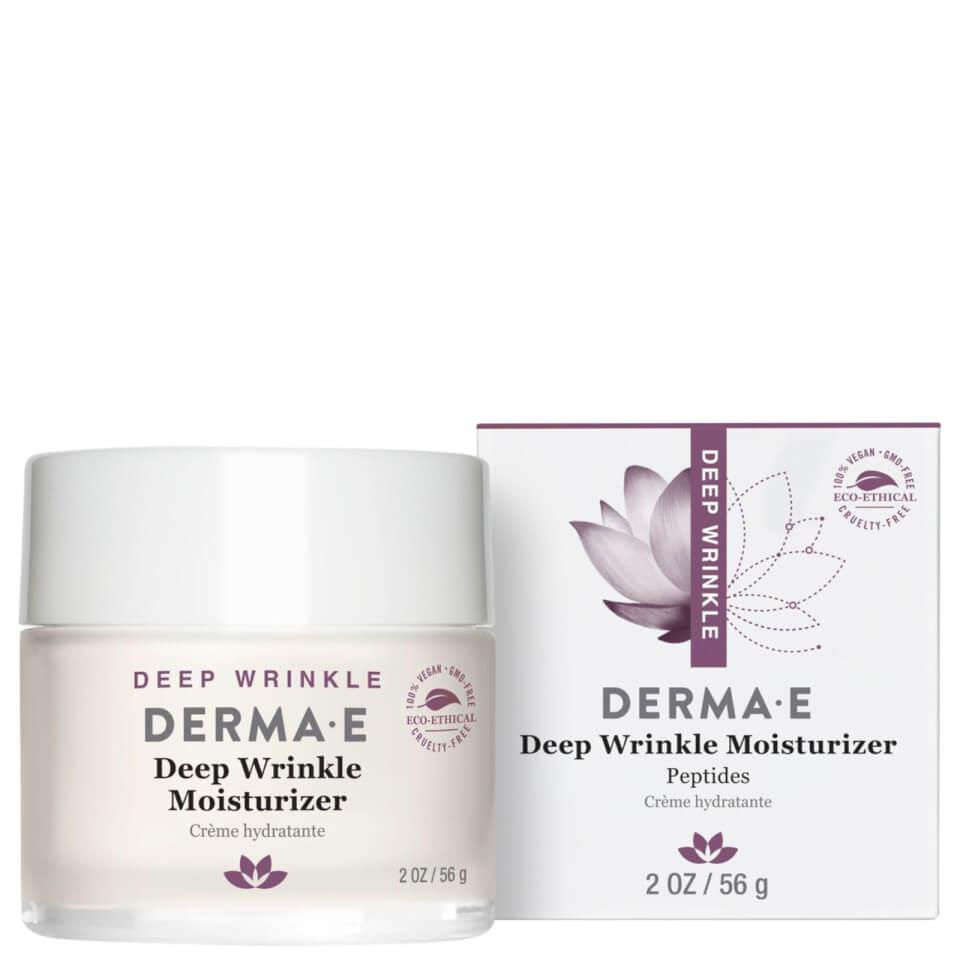 DERMA-E Deep Wrinkle Moisturizer with peptide blend, shown with product jar and packaging box, designed for anti-aging skincare.
