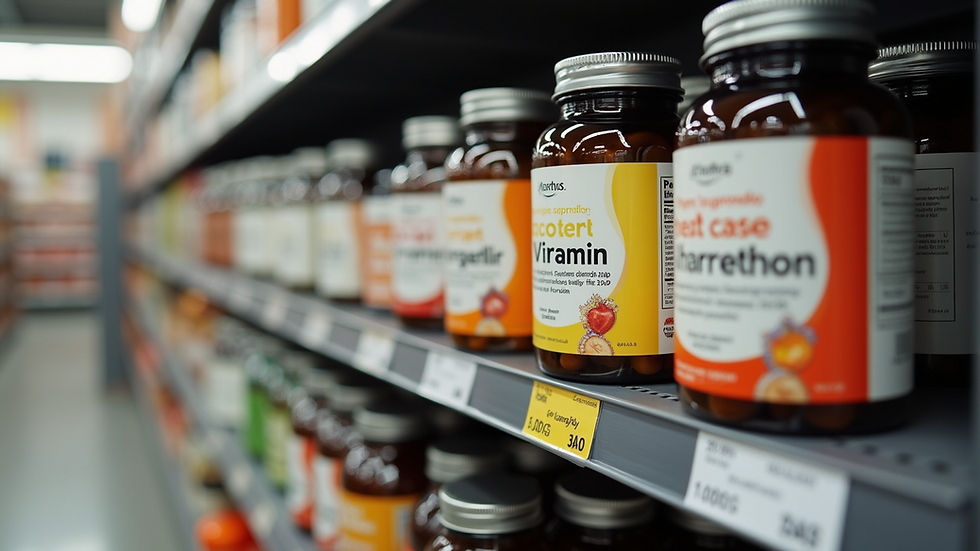 Eye-level view of vitamin supplement bottles arranged on a store shelf