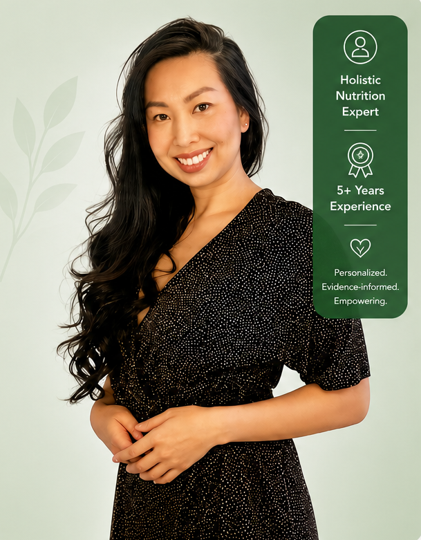 Nancy Tran, Registered Holistic Nutritionist (RHN) at WellnessRX Pharmacy in Bradford, Ontario. The profile highlights over 5 years of experience providing evidence-informed nutrition counselling, personalized wellness plans, hormone support, gut health guidance, and holistic health education.