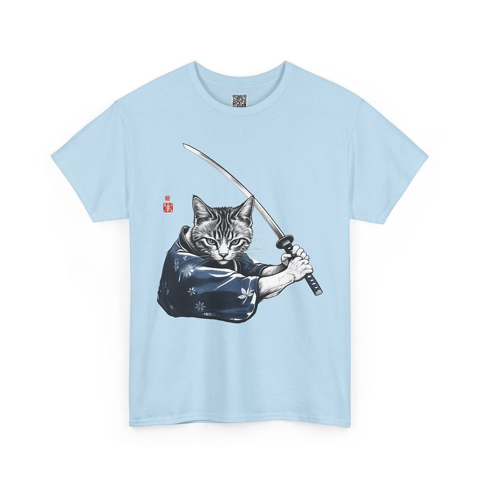 Thumbnail: Samurai Cat Graphic Heavy Cotton Tee - "COURAGE" in Japanese on Back!