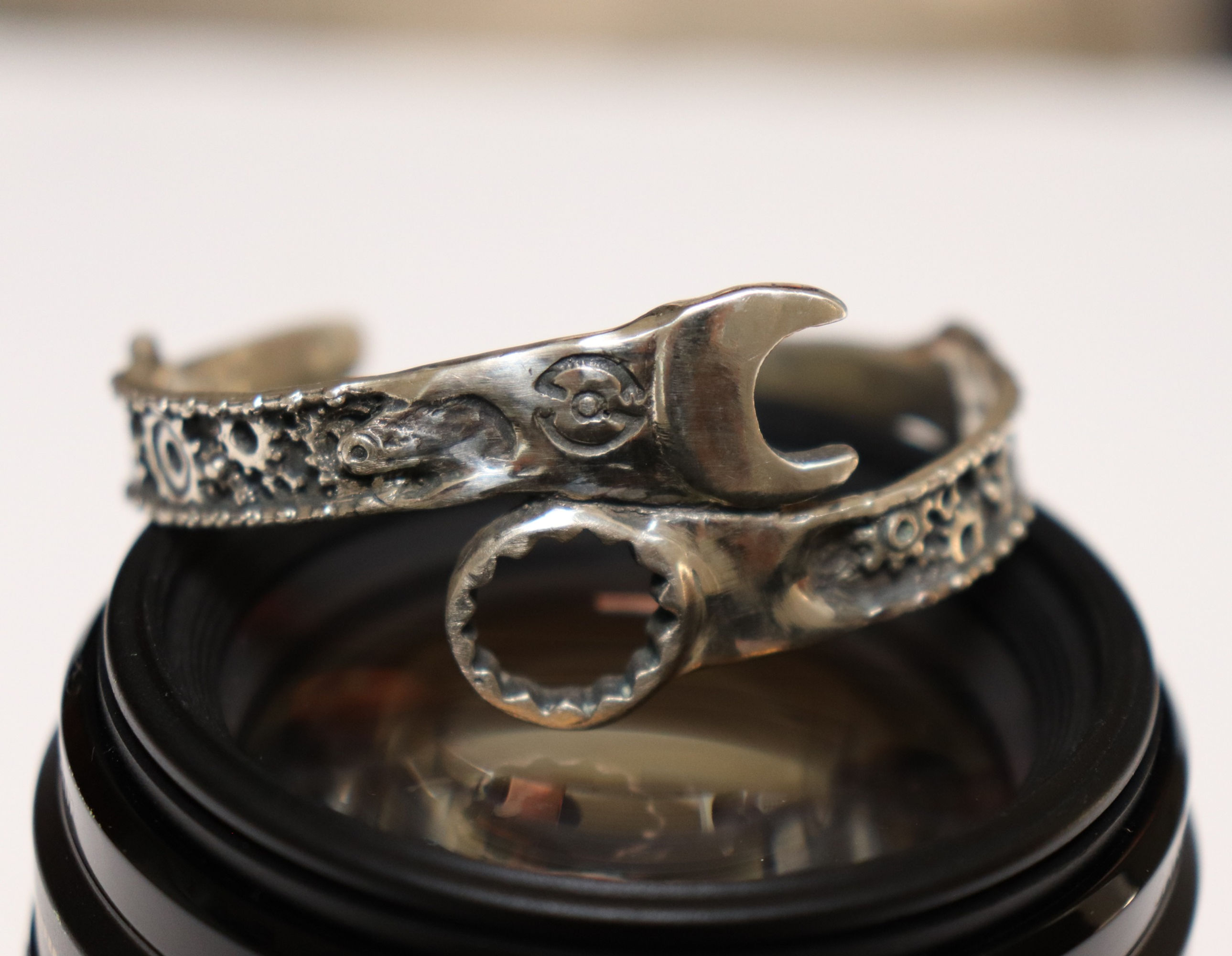 Gear wrench women size cuff bracelet, 925 Sterling silver, steampunk tiny cog