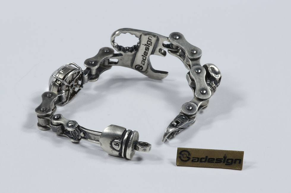 Thumbnail: Wrench bracelet, Bike Link bracelet, Sterling silver skulls bracelet