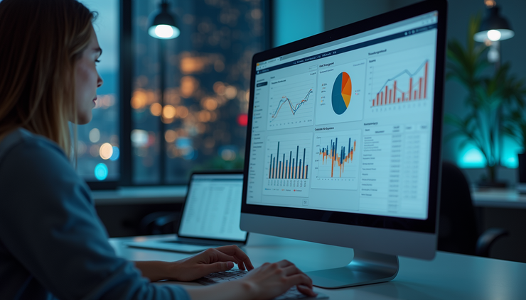 Eye-level view of a sleek computer screen displaying data analytics for lead generation