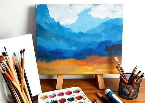 calm art supplies, paint pallets, pencils, brushes, and canvas in a calming setting.jpg