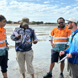 Four people standing in the intertidal zone at low tide