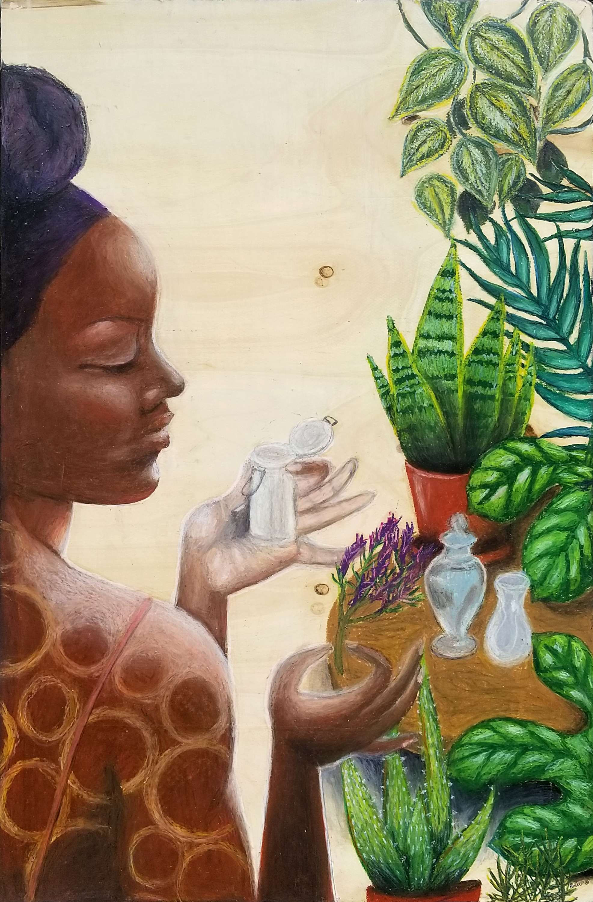 Original Art, Large Oil Pastel Drawing Woman with Plants on Wood: the Natural