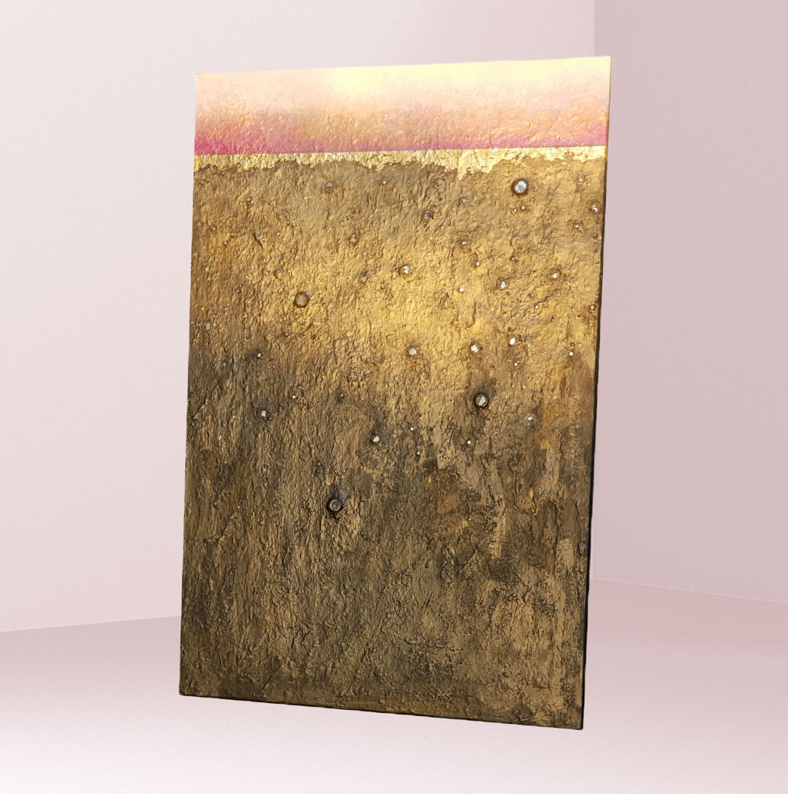 abstract 39 x 26 in brown and gold leaf painting on wood