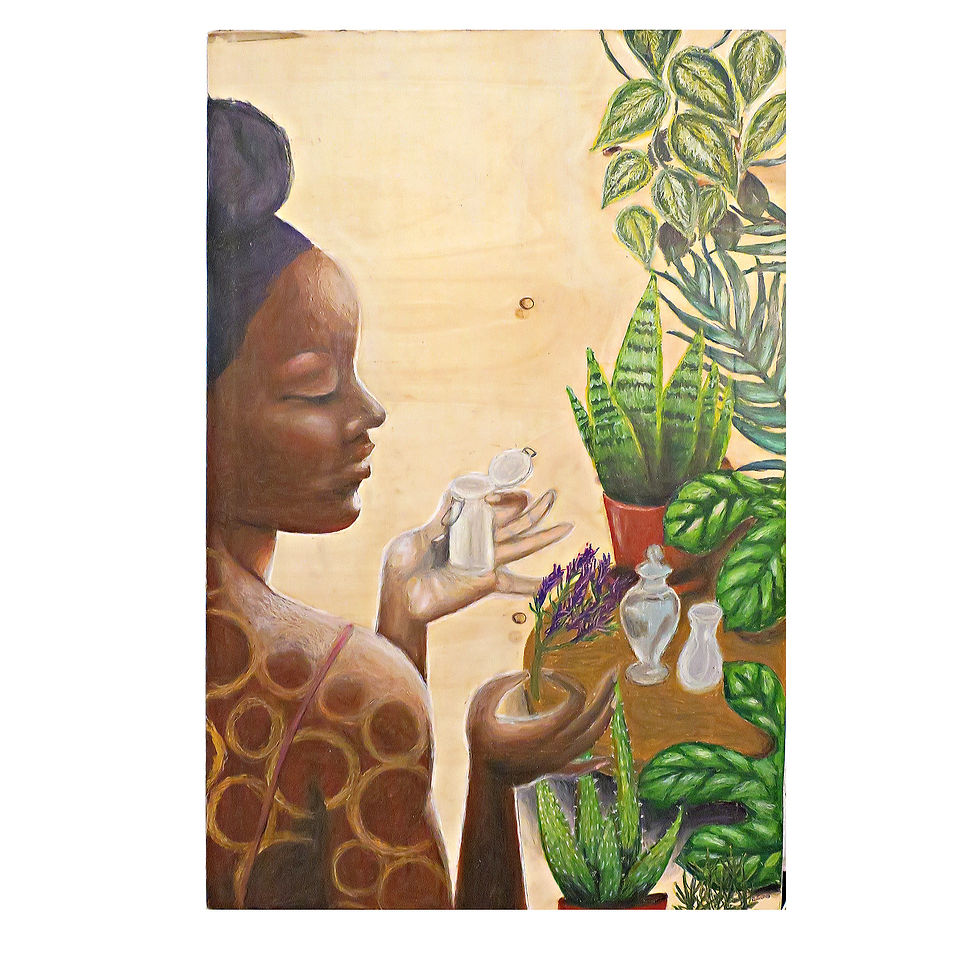 Thumbnail: Original Art, Large Oil Pastel Drawing Woman with Plants on Wood: the Natural