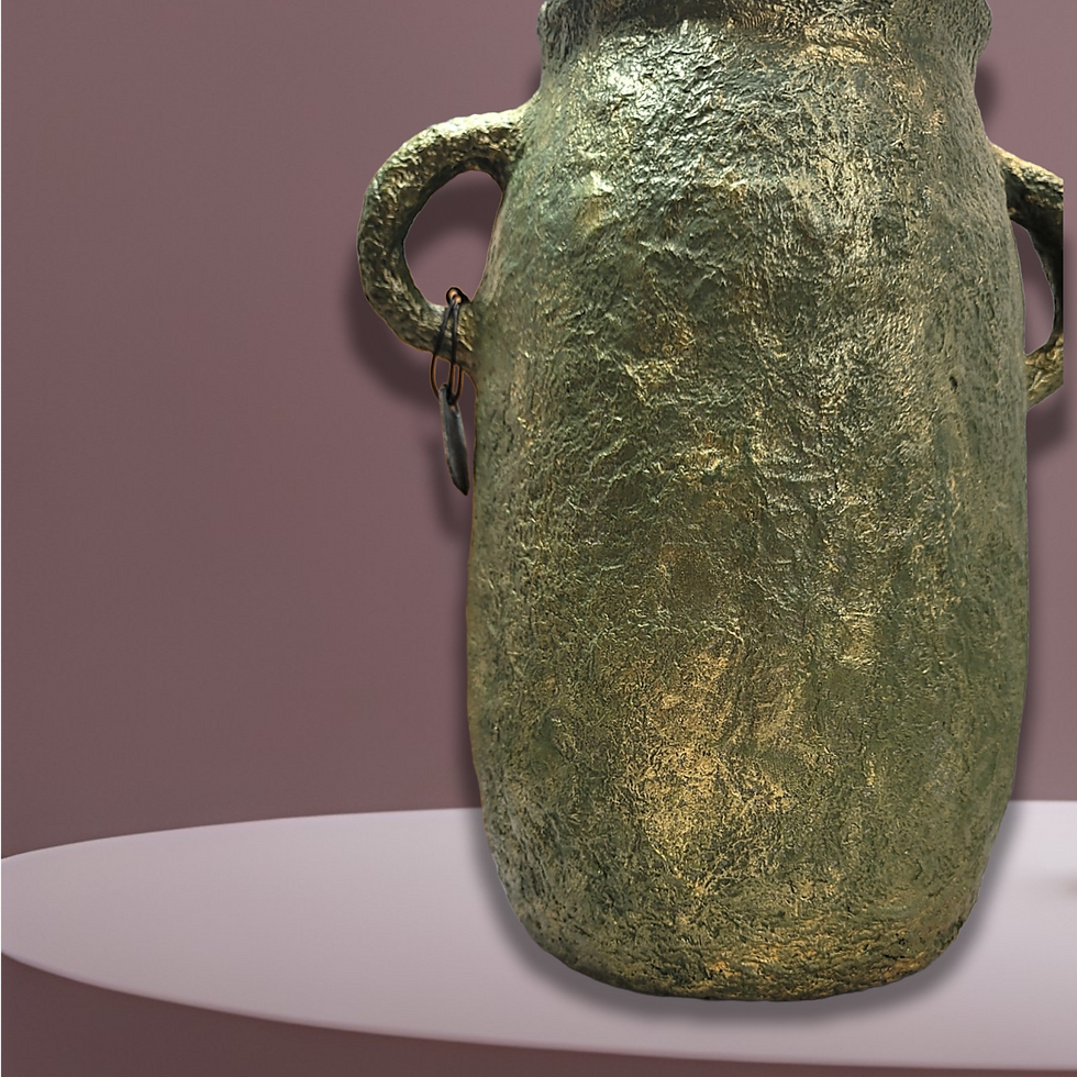 Thumbnail: rustic green paper mache two handled vase