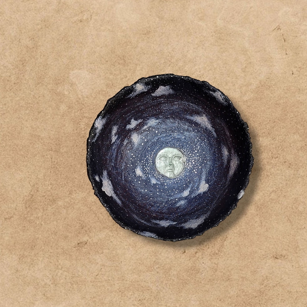 large dark blue paper mache and glass moon centerpiece bowl