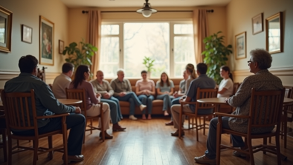 Eye-level view of a cozy community center with a support group meeting in progress