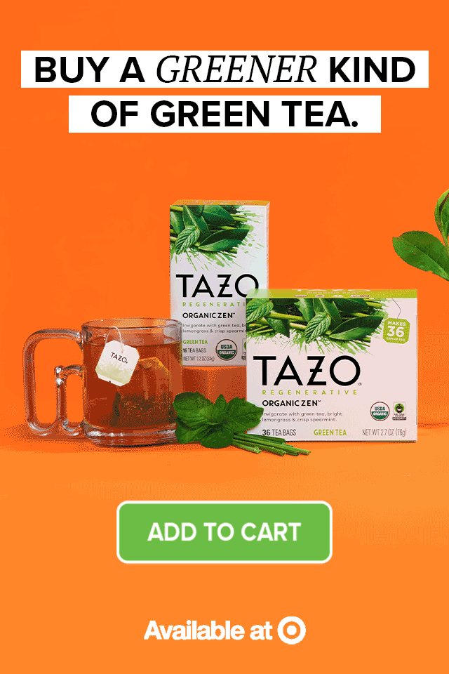 Tazo tea animation for Target and Ekaterra with target logo, add to cart button, taco tea pack shots and a cup of tea with animated steam.