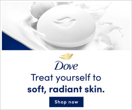 Dove Desire Bar image with shop now button and "treat yourself to soft, radiant skin." headline.