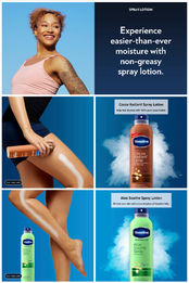 Vaseline's spray lotion page on Amazon showing lifestyle and shoppable modules with cocoa radiant and aloe vera spray lotions