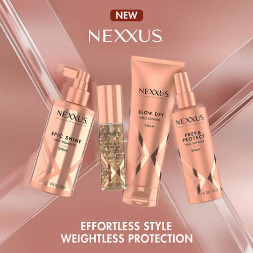 Nexxus styling social asset for Walgreens with styling products on the rose gold background with new flag, nexxus logo and "effortless style weightless protection"