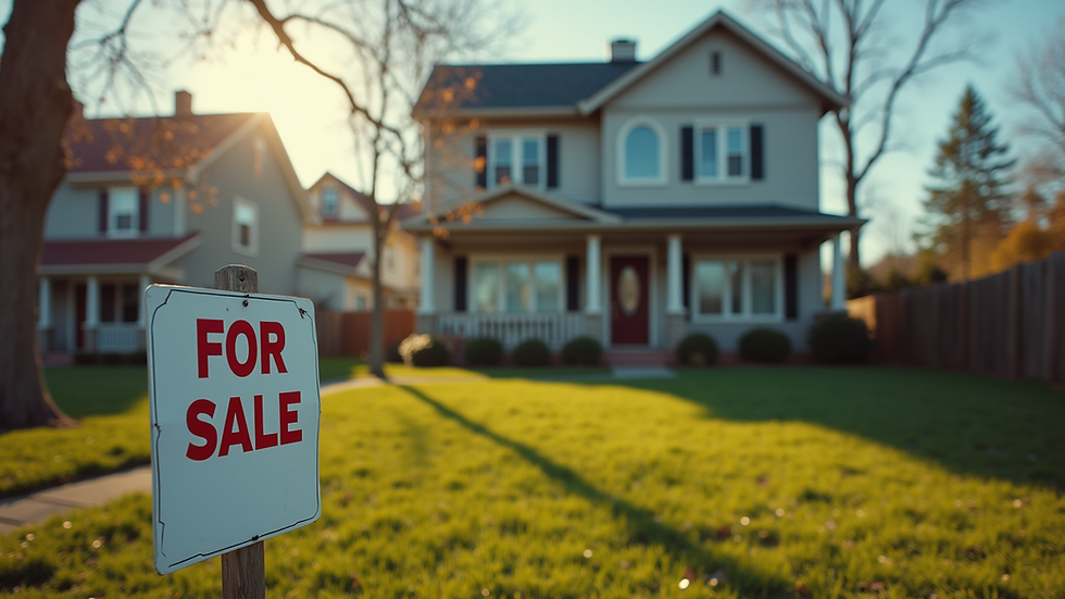 High angle view of a house with a "For Sale" sign in front