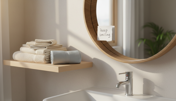 Eye-level view of a cozy bathroom mirror with a handwritten smile note tucked into the frame