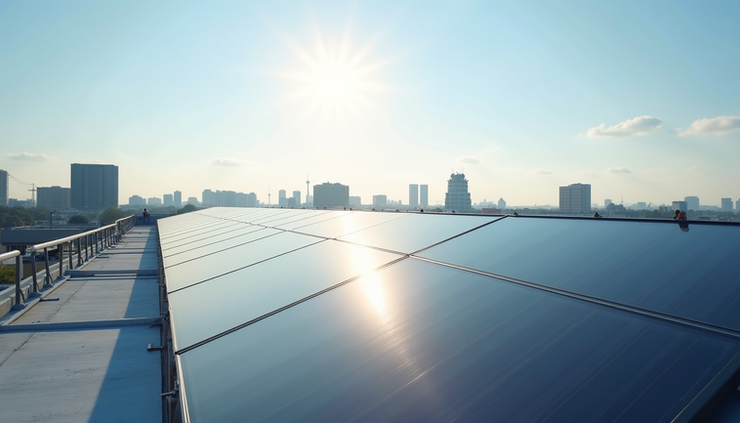 Eye-level view of commercial rooftop covered with solar panels under clear sky