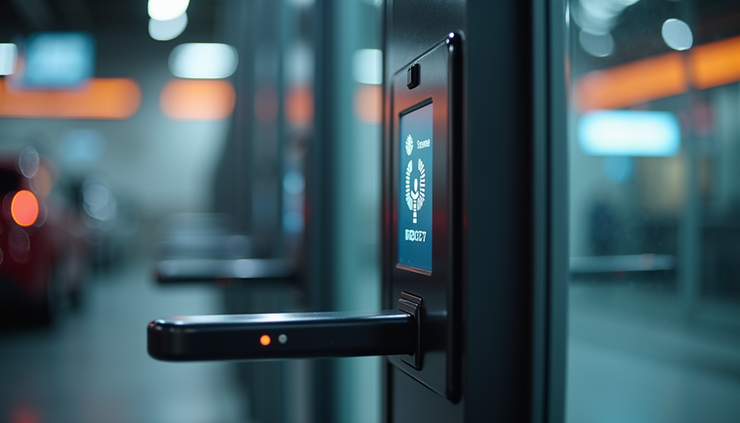 Close-up view of smart gate control panel with RFID reader
