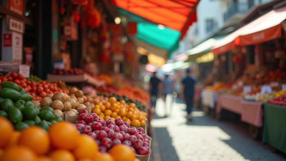 Eye-level view of a vibrant outdoor market filled with colorful products