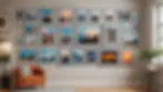 Eye-level view of a gallery wall displaying vibrant art pieces and family photos