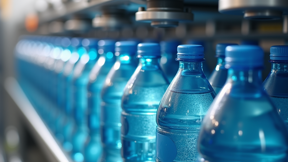 Close-up view of a shrink wrapping machine packaging bottled water