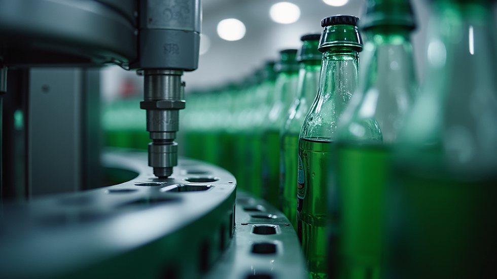 Eye-level view of industrial bottling machine in operation