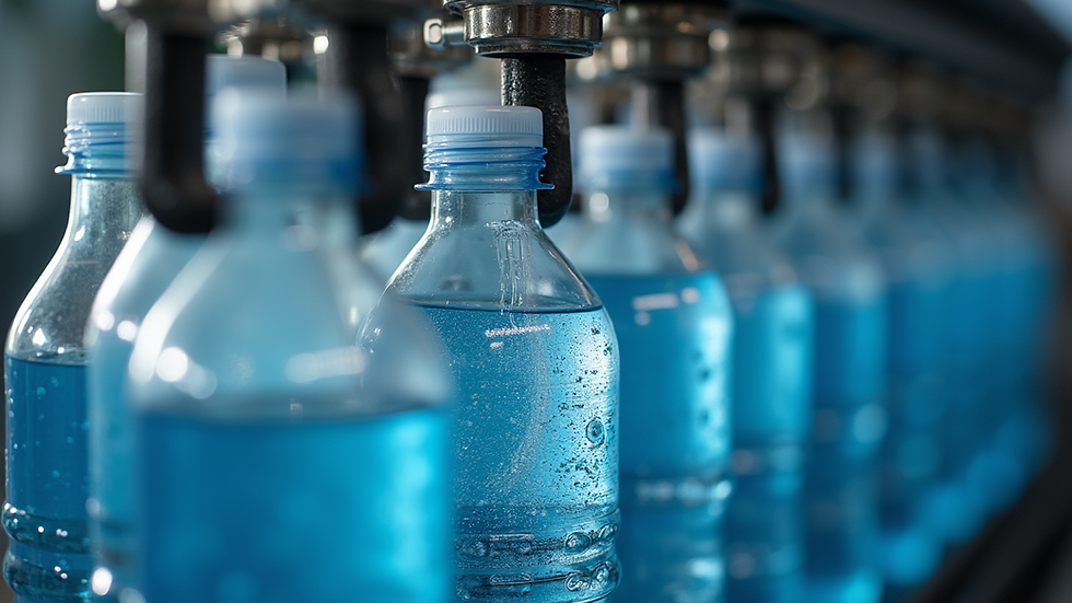 Close-up view of industrial bottling machine filling water bottles