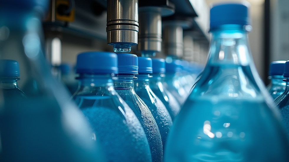 Eye-level view of a bottling machine filling water bottles
