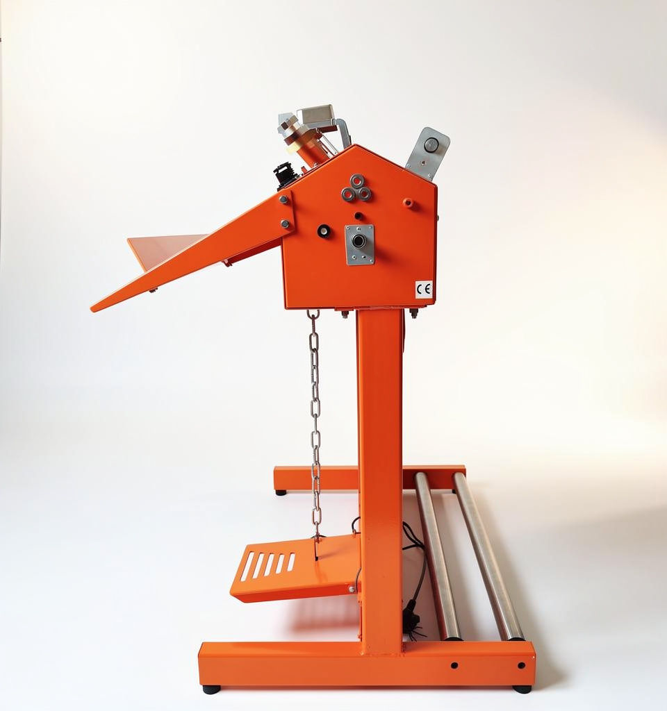 Orange industrial machine with foot pedal and chain
