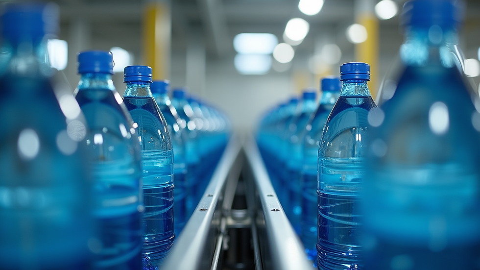 Close-up view of conveyor system transporting bottled water