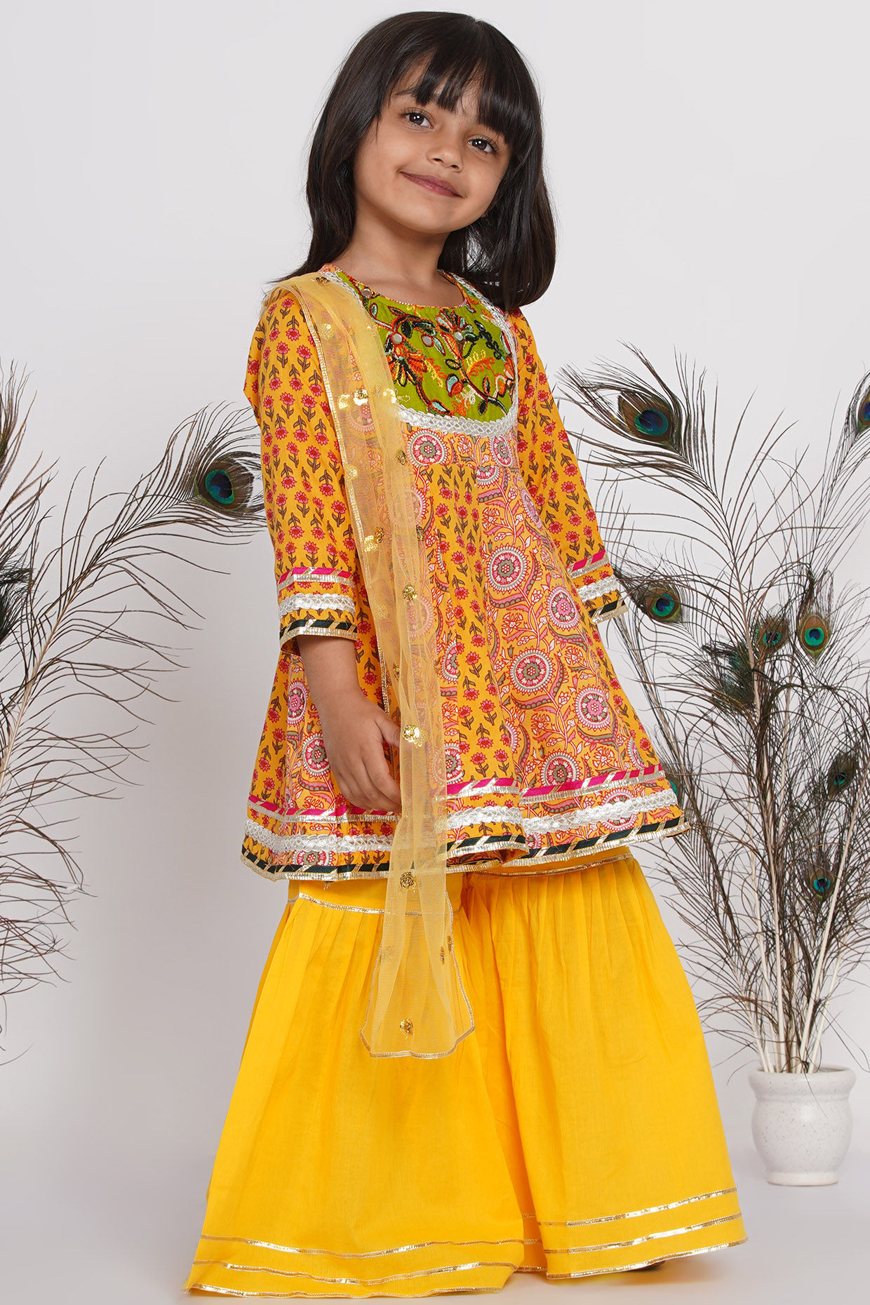 Girls Embroidery Kali work Jaipuri Kurta Frock with Sharara & Dupatta in Yellow
