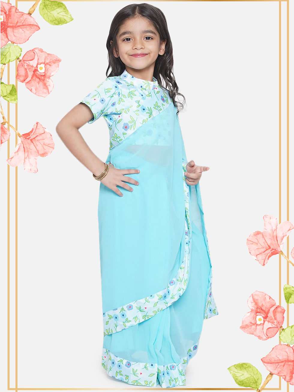 Thumbnail: Floral Bush print Blouse with Ready to Wear Blue Saree