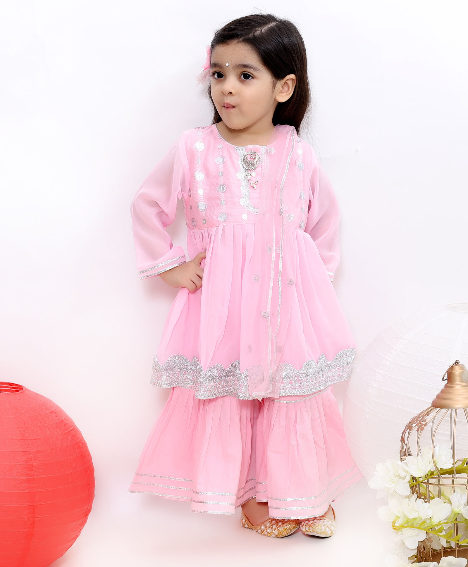 Pink Embroidery Kurta Set with Sharara