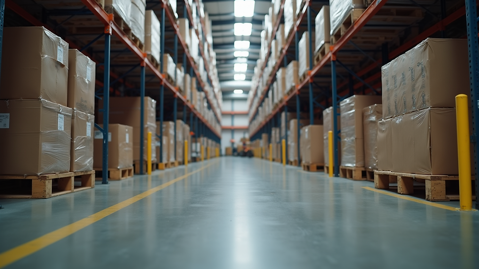Eye-level view of a warehouse filled with neatly organized pallets