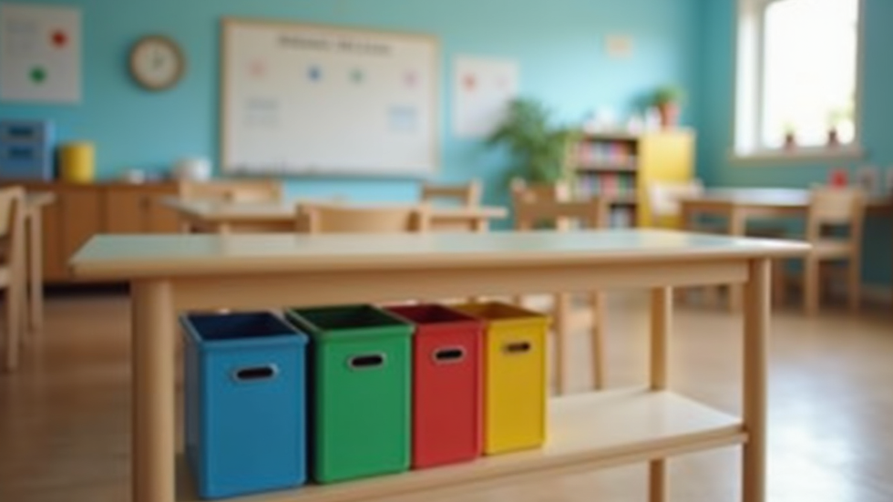 Close-up view of a height-adjustable table with colourful storage units in a classroom