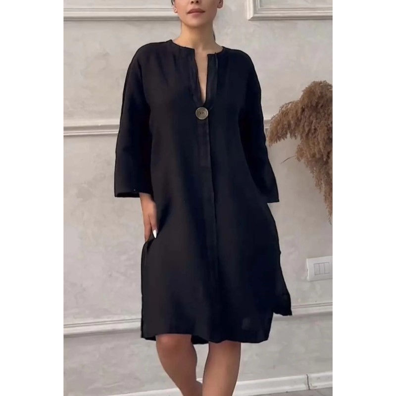 Thumbnail: Elegant O-neck Long-sleeved Button Dress For Women's Summer Cotton And Linen Sol