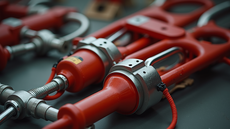 Close-up view of hydraulic rescue tools arranged for training