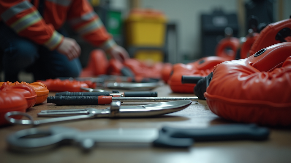 Close-up view of rescue tools laid out for training session
