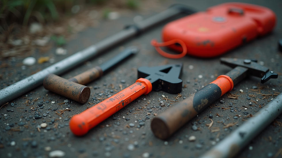 Close-up view of rescue tools arranged neatly on the ground