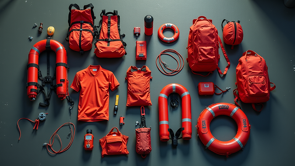 High angle view of rescue equipment laid out for a training exercise