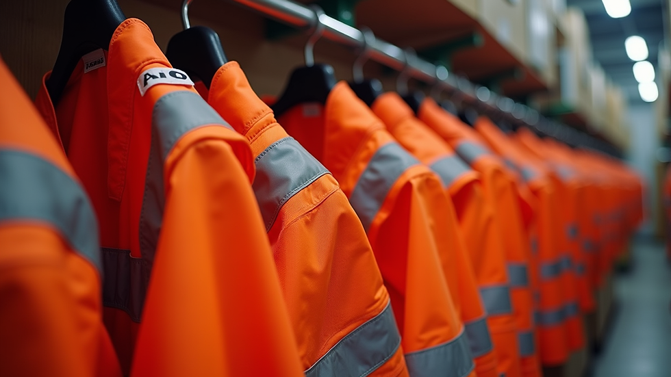 Close-up view of high-visibility rescue jackets hanging on a rack