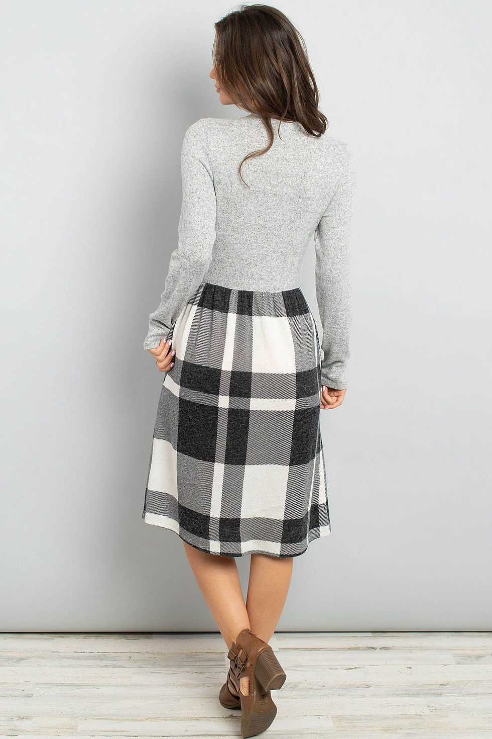 Thumbnail: Two Toned High Neck Long Sleeves Plaid Contrast Dress