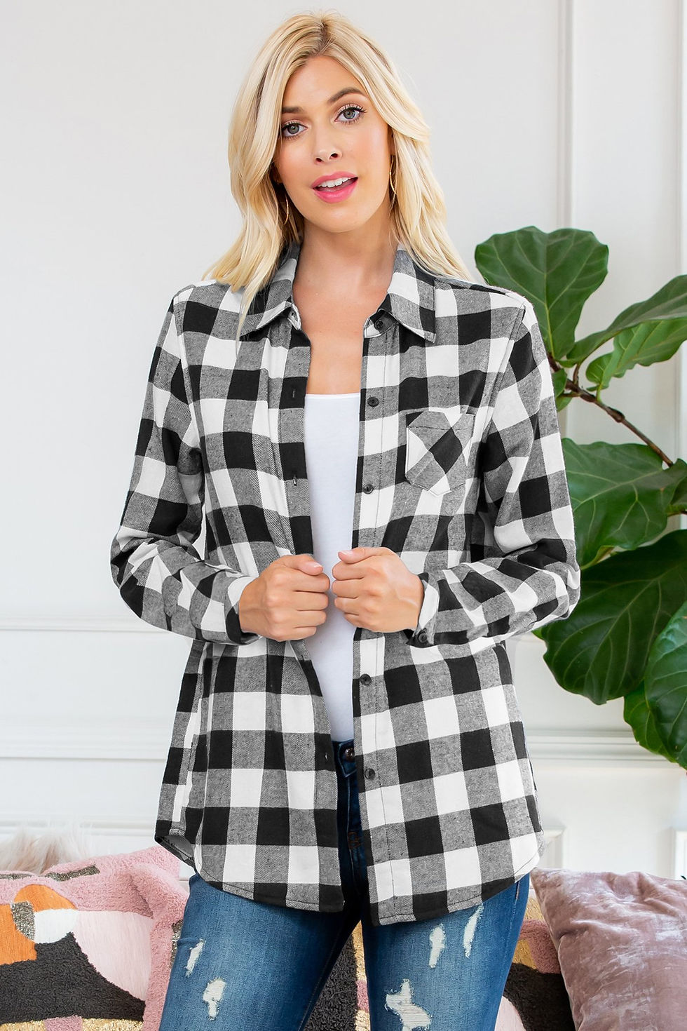 Thumbnail: Sherpa Lined Plaid Flannel Top