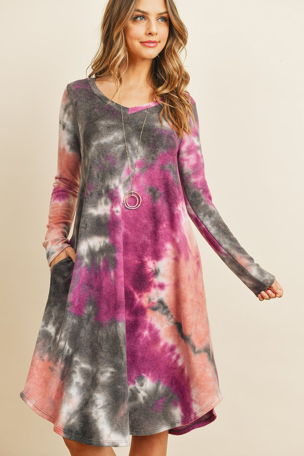 Thumbnail: Tie Dye V-Neck Long Sleeves Round Hem Dress