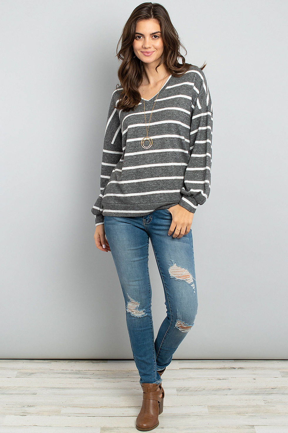 Thumbnail: Oversized Puff Sleeved V-Neck Striped Top
