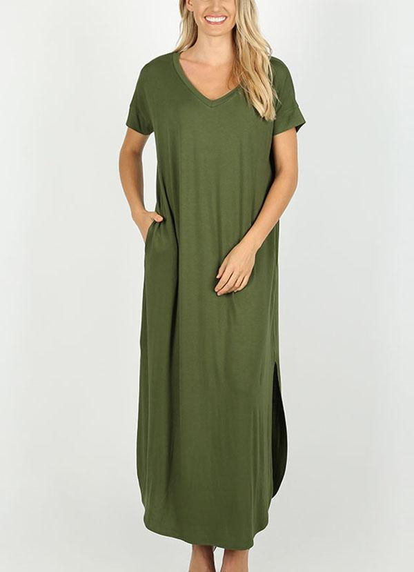 Miniature : Short Sleeved Side Slit Oversized V-Neck Pocket Maxi Dress