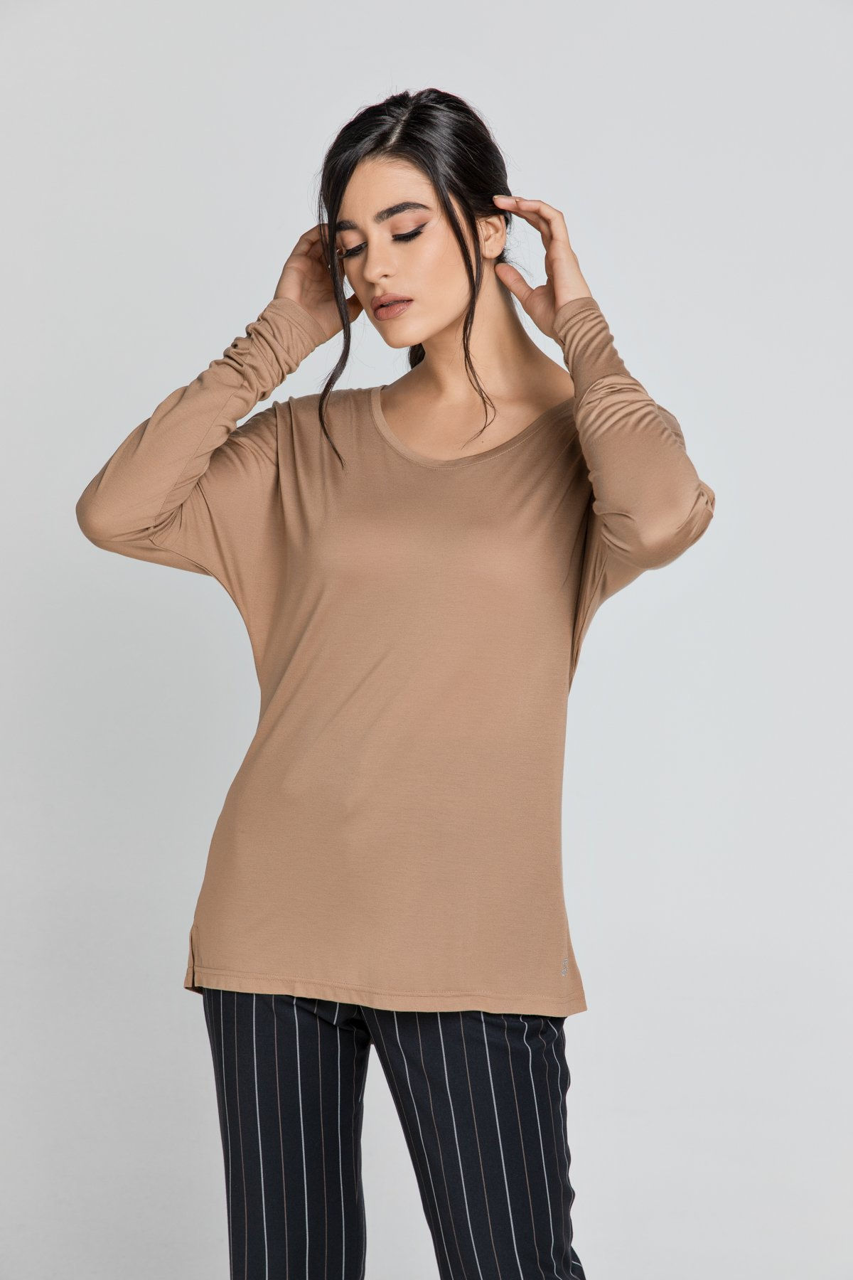 Light Brown Top With Long Batwing Sleeves