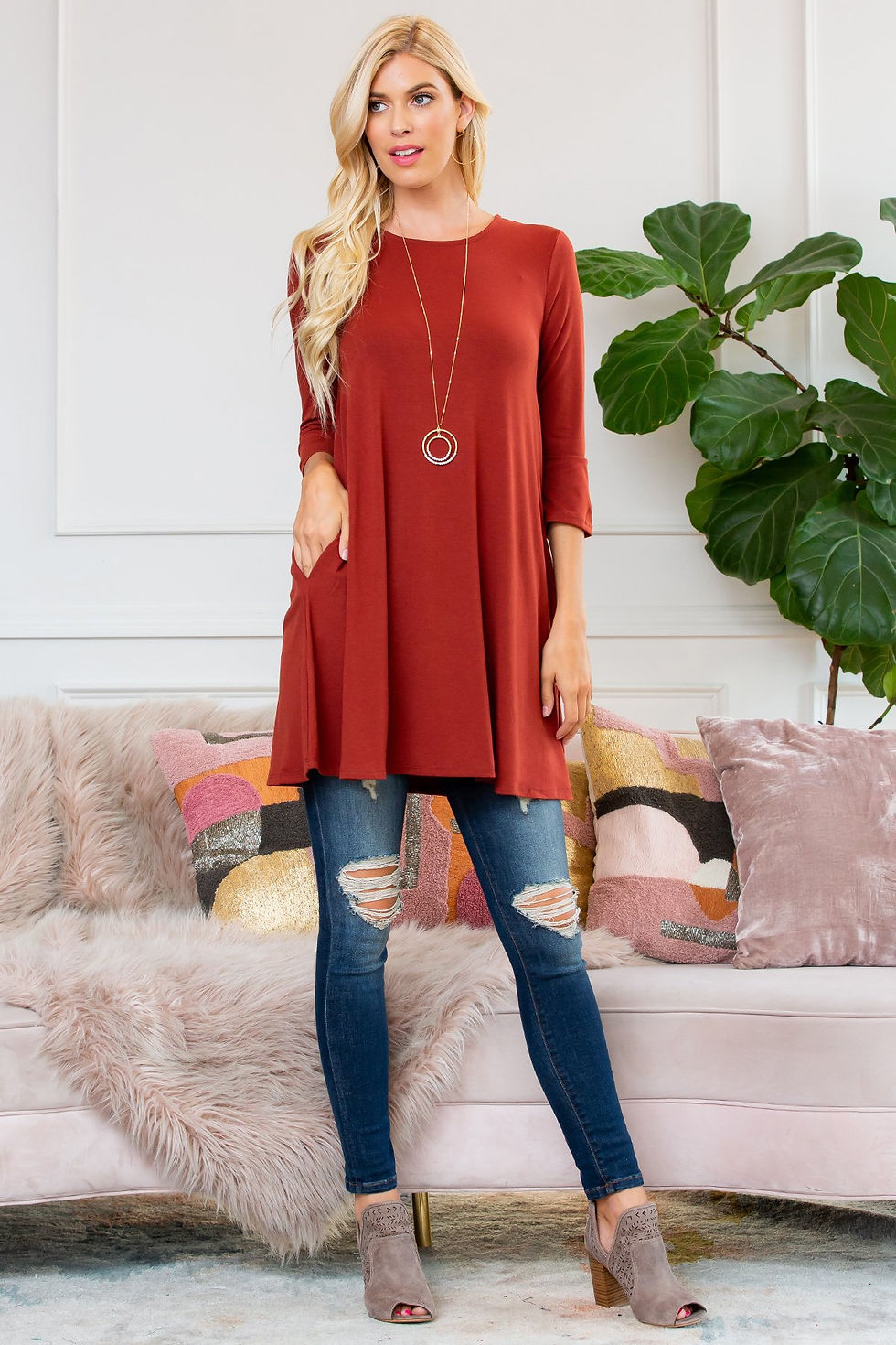 Thumbnail: Premium 3/4 Sleeve Swing Pocket Tunic Dress