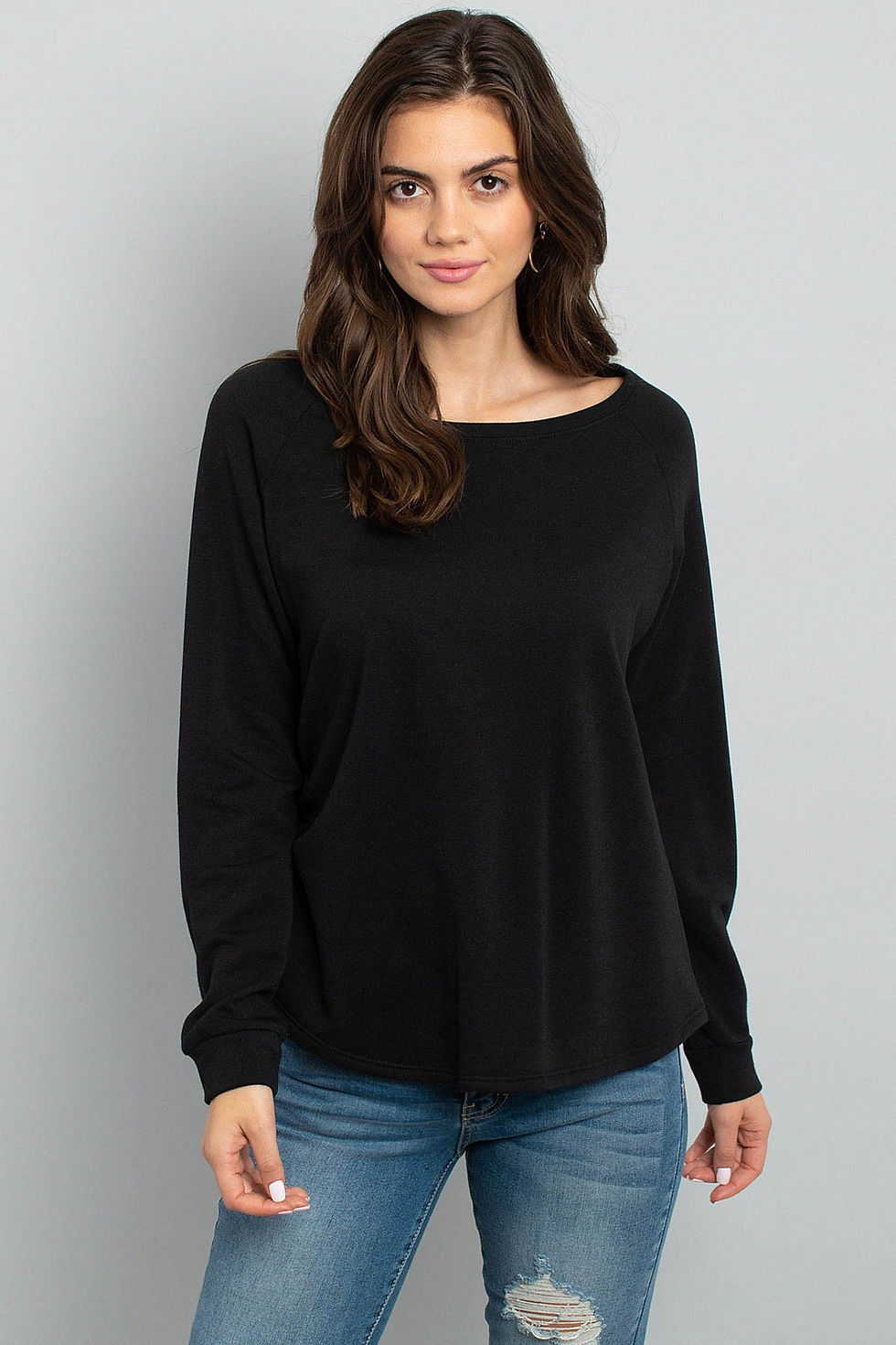 Thumbnail: Solid French Terry Brushed Back Round Neck Long Sleeved Top
